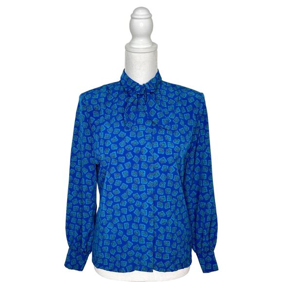 Vintage Pendleton Country Sophisticates Size 6 Blue Floral Tie Neck Bow Shirt - Picture 1 of 7